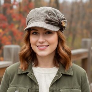 Stylish Brown Tweed Cap with Bow Button Accent